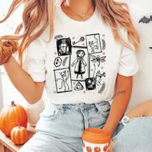 Retro Movie Doll Dreams Print Style Street Short Sleeve Fashion O-Neck Versatile Street Top Loose T-Shirt