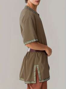 Men Medieval Costume Renaissance Templar Tunic Viking Knight Pirate Vintage Warrior Halloween Cosplay Party Tops - Brown - View 5