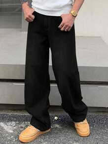 leev 直筒棉质牛仔裤，水洗牛仔布，休闲时尚宽松阔腿水洗牛仔裤，适合情侣 - 黑色 - 查看 2