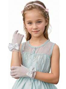 Flower Girl Gloves Lace Short Princess Gloves Tea Party Gloves For Little Girls Bowknot Fish Net Gloves For Wedding - Multicolor - View 2