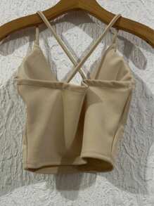 Cropped Top In Neuprene Fabric With Tulle And Extra Shiny With A Cup, Size 36-40 - 米色 - 查看 2