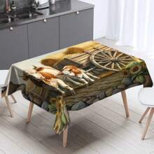 1pc Farm Cow & Sunflower Tablecloth, Country Farmhouse Polyester Dust Cover Suitable For Living Room, Dining Room, Kitchen, Dinner Decor, Picnic & Gathering