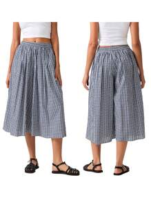 Womens Casual Loose  Plaid Capri Culottes Elastic Waistband Wide Leg Side Pocket Trousers For Daily Streetwear - Blue - View 7