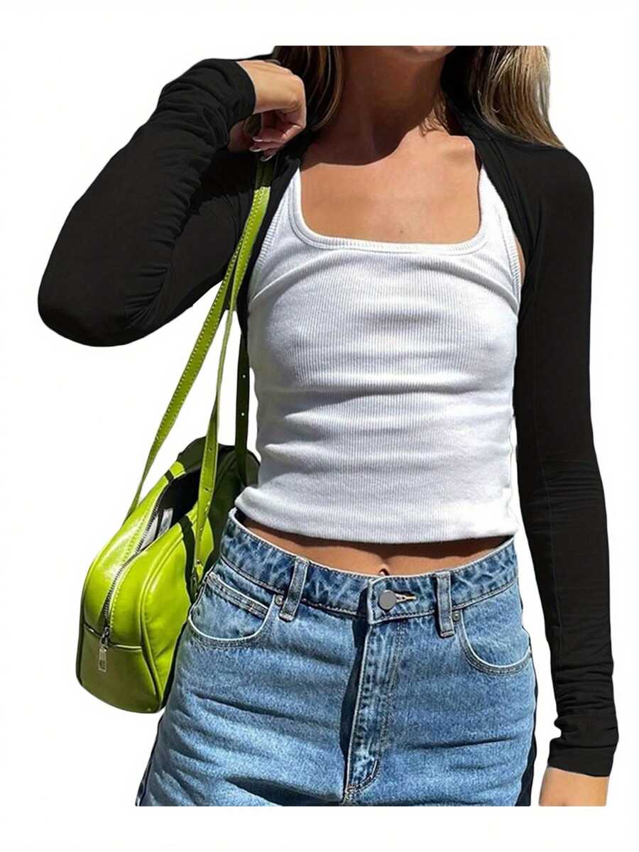 Women Crop Shrug Tops Casual Solid Color Sun Protection Long Sleeve Cardigan T-Shirt Streetwear Clubwear - 黑色 - 查看 1