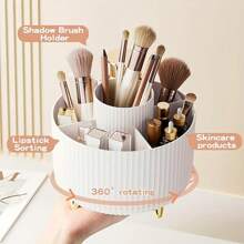 360° Rotating Makeup Organizer - 1pc Plastic Cosmetic Storage With 5 Compartments - Multi-Functional Holder For Brushes, Lipsticks, Skin Care Products, And Stationery - Unscented Desk Caddy With Luxury Stripe Design