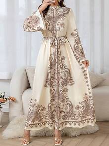 Vestido largo de muselina con estampado de paisley para resort (estampado aleatorio), Kaftán modesto - Albaricoque - Ver 2