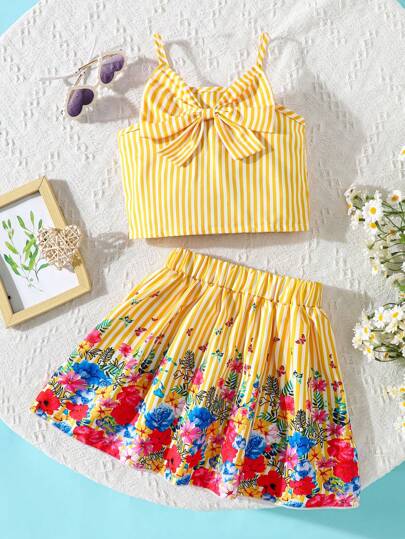 Modisches Outfit mit Streifen- und Blumenmuster für Kleine Mädchen, mit großer Schleife oben, klassisches Streifendesign kommt nie aus der Mode, lässig und stilvoll, farbenfroher Rock mit Blümchenmuster verleiht Vitalität und Lebendigkeit, geeignet für Frühling/Sommer