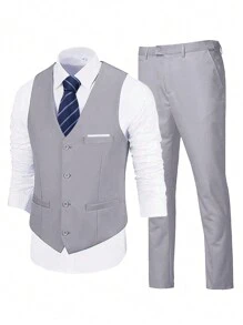 Furuyal Men's 3 PiecesSuit, Elegant Solid Color Slim Fit Gentleman's Set Including Vest, Trousers And Tie, Suitable For Business, Wedding, Party, Prom, Light Gray, Size XS-3XL - Màu Xám nhạt - Xem 9
