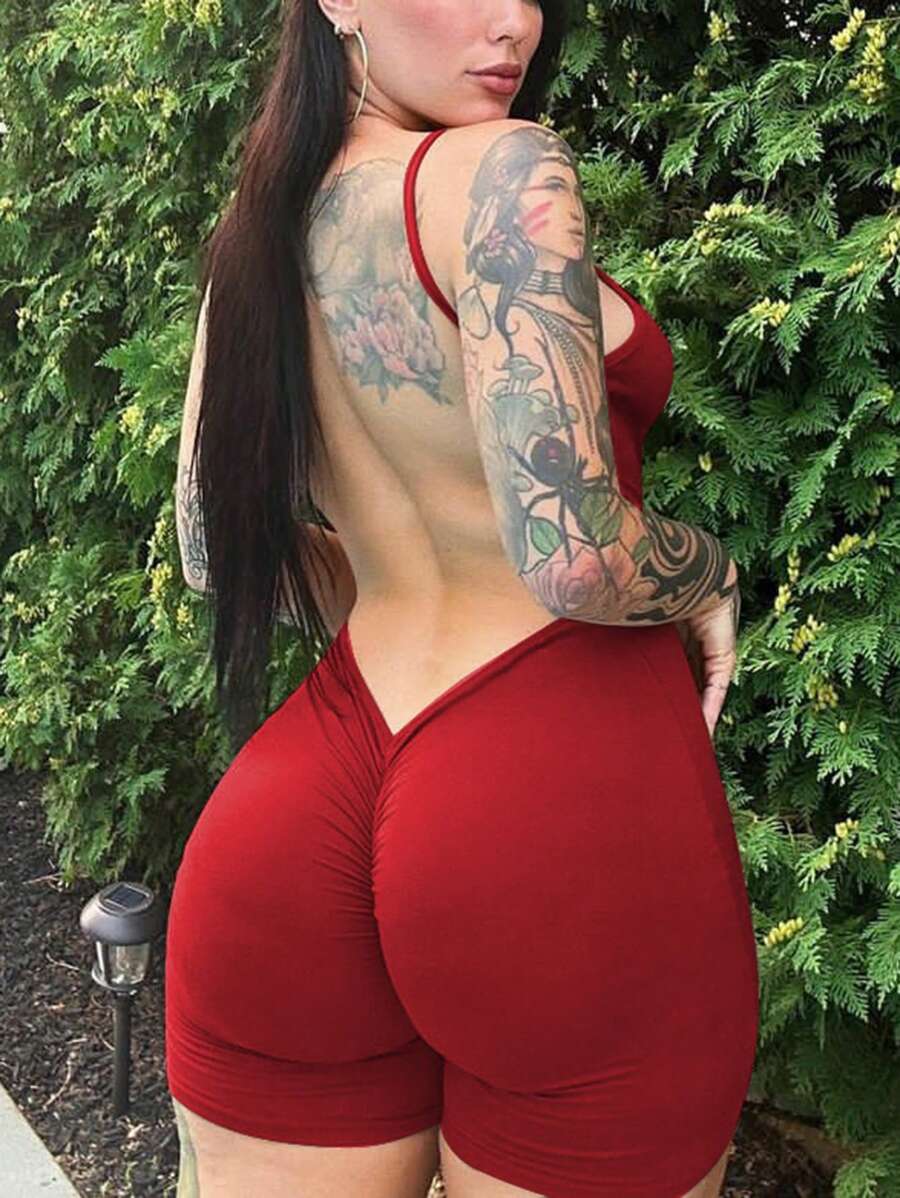 Women Solid Color Spaghetti Strap Backless Romper Romper - Red - View 1