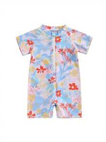Toddler Boy Girl Short Sleeve One Piece Zipper Swimsuit Summer Floral Print Swimwear Romper Jumpsuit Beach Bathing Suit - 藍色 - 查看 1