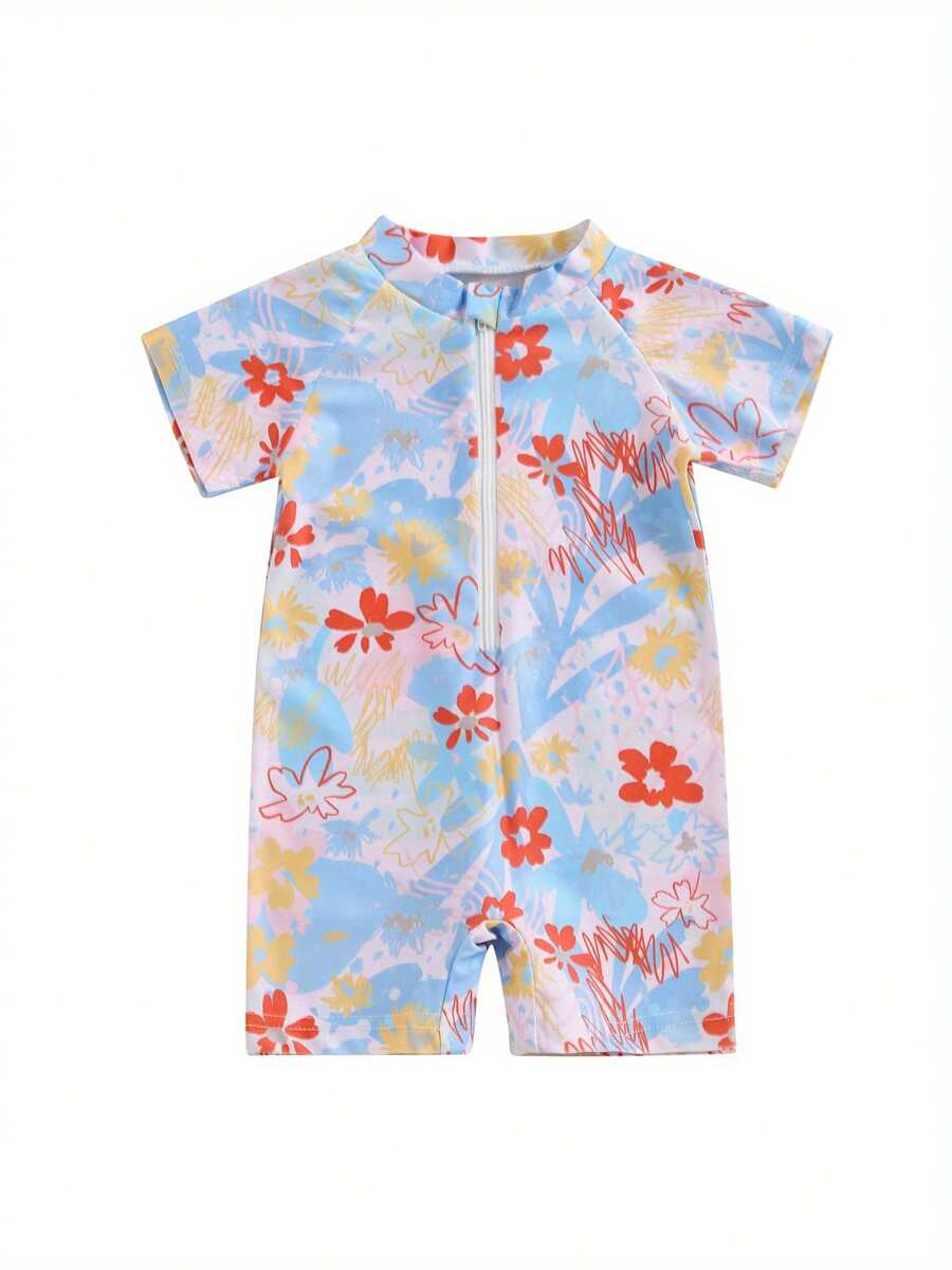 Toddler Boy Girl Short Sleeve One Piece Zipper Swimsuit Summer Floral Print Swimwear Romper Jumpsuit Beach Bathing Suit - 藍色 - 查看 1
