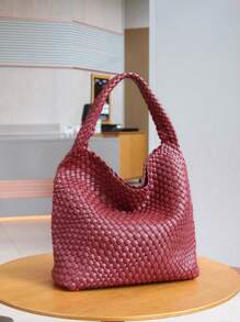 New Stylish Minimalist Chic Design Braided Tote Bag, Bucket Bag, Shoulder Bag, Underarm Bag, Retro Style, Suitable For Office Work, Commute, White Collar, Student, Adorable Dopamine Color Series - 酒紅色 - 查看 3