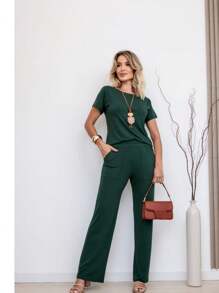 Women's 2-Piece Knit Set Blouse And Trousers - Màu xanh lá cây đậm - Xem 1