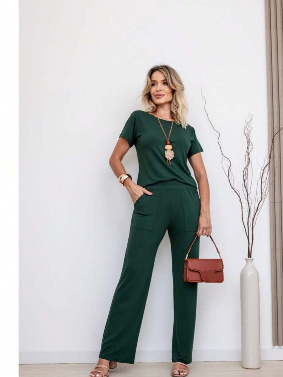 Women's 2-Piece Knit Set Blouse And Trousers - Màu xanh lá cây đậm - Xem 1
