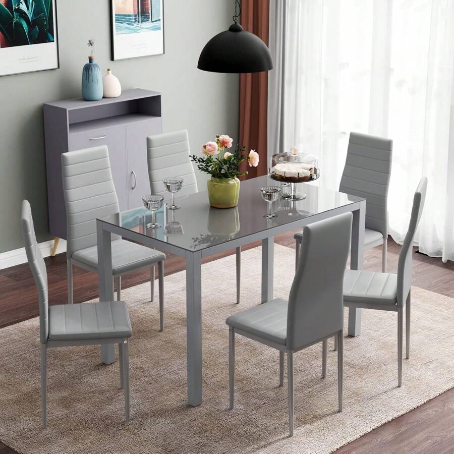 Dining Table And Chairs Set 6, Glass Kitchen Table With 6 Faux Leather Upholstered Metal Chairs Modern Dining Room Sets For Home - Grey - View 1