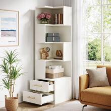 LITTLE TREE 5-Tier Corner Bookshelf With 2 Drawers, 66.9-Inch Tall Corner Bookcase Shelf, Modern Simple Corner Storage Cabinet Display Rack Shelf For Living Room, Home Office, White