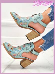Blue Flower Printed Sandal Booties, Strappy Buckle Detail Chunky High Heel