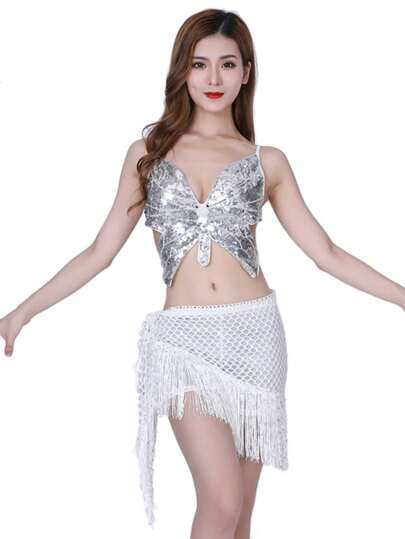 女士肚皮舞服装吊带胸罩表演服装彩色吊带蝴蝶亮片上衣女士胸罩亮片流苏臀巾