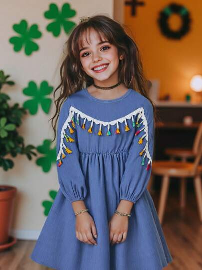Vestido casual elegante de manga larga con adorno de flecos coloridos, adecuado para la escuela y actividades al aire libre, para primavera/otoño, para niñas jóvenes