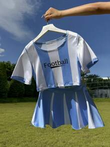 WK voetbalmeisjeskostuum, sexy lingerieset voor dames, gestreepte contrasterende ronde hals, top met korte mouwen + minirok