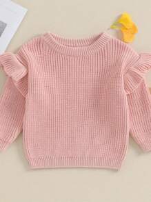 Suéter de punto para niña pequeña con volantes, manga larga, cuello redondo, color liso, tops para niña - durazno - Ver 2