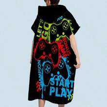 儿童连帽斗篷披风，男女通用卡通游戏手柄图案，超柔软吸水，适合浴室、海滩等场所，有两种尺码可选。 - 彩色 - 查看 5