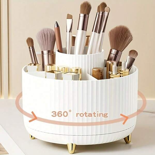 1 pieza Organizador de maquillaje giratorio 360° - Organizador de cosméticos de plástico con 5 compartimentos - Soporte multifuncional para brochas, barras de labios, productos de cuidado de la piel y artículos de papelería - Atril para escritorio con diseño de rayas de lujo sin aroma