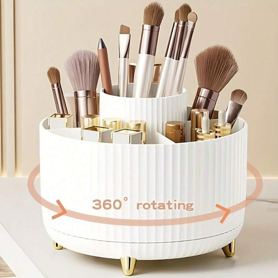 360° Rotating Makeup Organizer - 1pc Plastic Cosmetic Storage With 5 Compartments - Multi-Functional Holder For Brushes, Lipsticks, Skin Care Products, And Stationery - Unscented Desk Caddy With Luxury Stripe Design