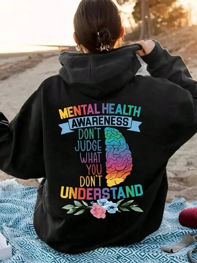 Casual Letter Pattern Printed Hoodie, Drawstring Hooded Pockets, Fashionable Loose Autumn And Winter Fleece Sweatshirt