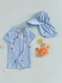 3M-3T Toddler Boys Rash Guard Swimsuit Playsuits Dinosaur/Fish Print Zipper Short Sleeve Sun Protection Bathing Suit With Swim Cap - 藍色 - 查看 3