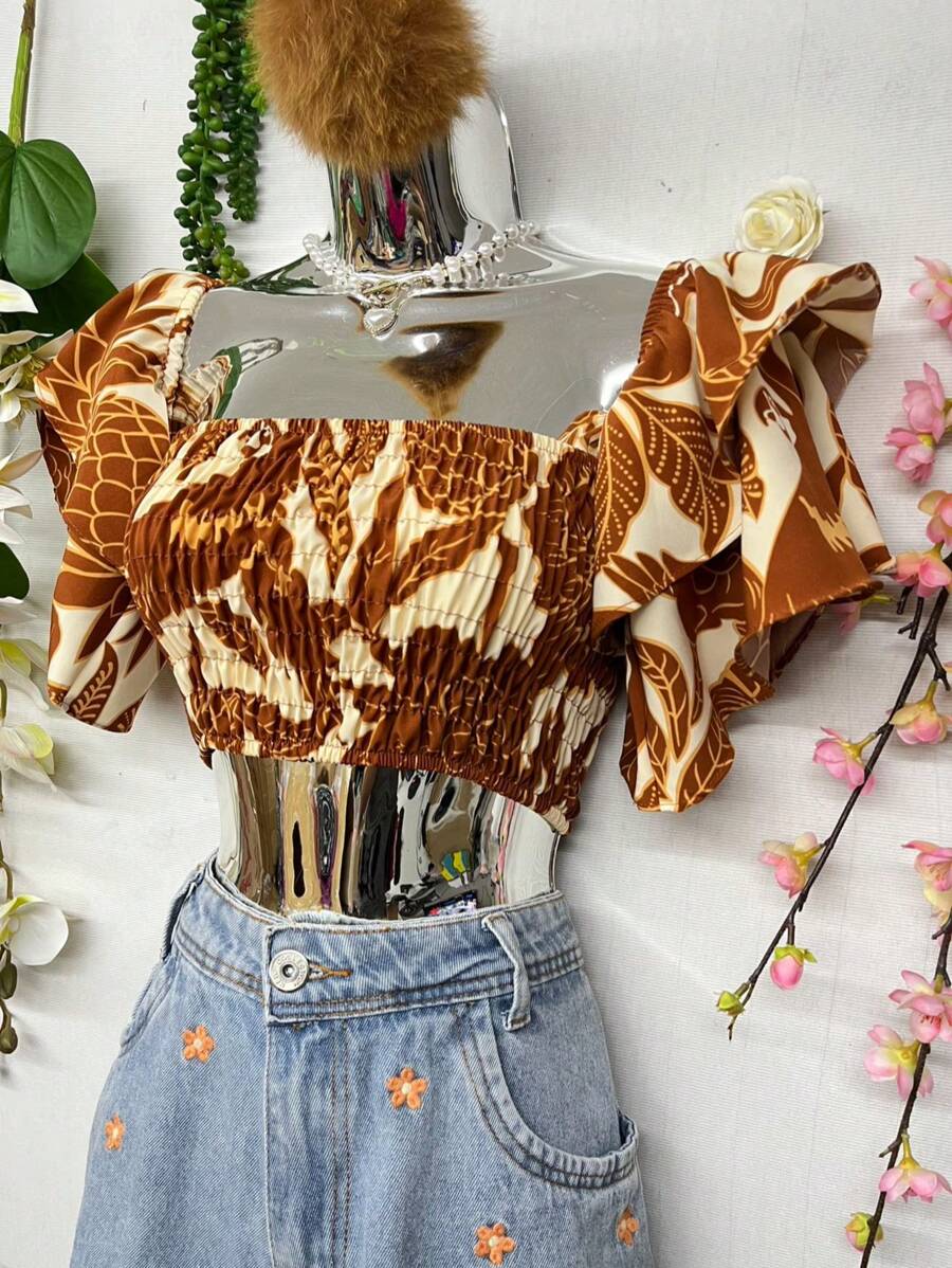 B077 Short Sleeve Floral Trumpet Fabric Elastic Chest - màu nâu - Xem 1