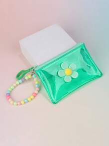 彩色透明零钱包，花卉串珠链儿童纯色钥匙扣袋，迷你收纳袋
