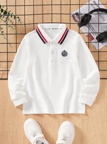 Boys Casual Polo Collar Long Sleeve T-Shirt, School Style For Toddlers, Kids, Spring New Arrivals - White - View 2