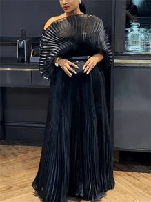 GLOURI Naija Style Black Pleated Maxi Dress - Elegant Mesh Formal Gown With Stretchy Maternity Waist, Nigerian Wedding Guest Dress For Photoshoots/Birthday Parties/African Events (Long Sleeve) - 黑色 - 查看 1