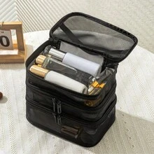 1個大容量3層網格化妝包，旅行盥洗用品收納袋，雙層儲物，便攜式旅行化妝收納盒 - 黑色 - 查看 5