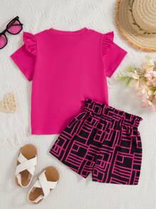 2 Stücke/Set Mädchen Lässig Outfit mit Cartoon Portrait Muster, Rundhals Kurzarm T-Shirt und Schleife Shorts, Sommer