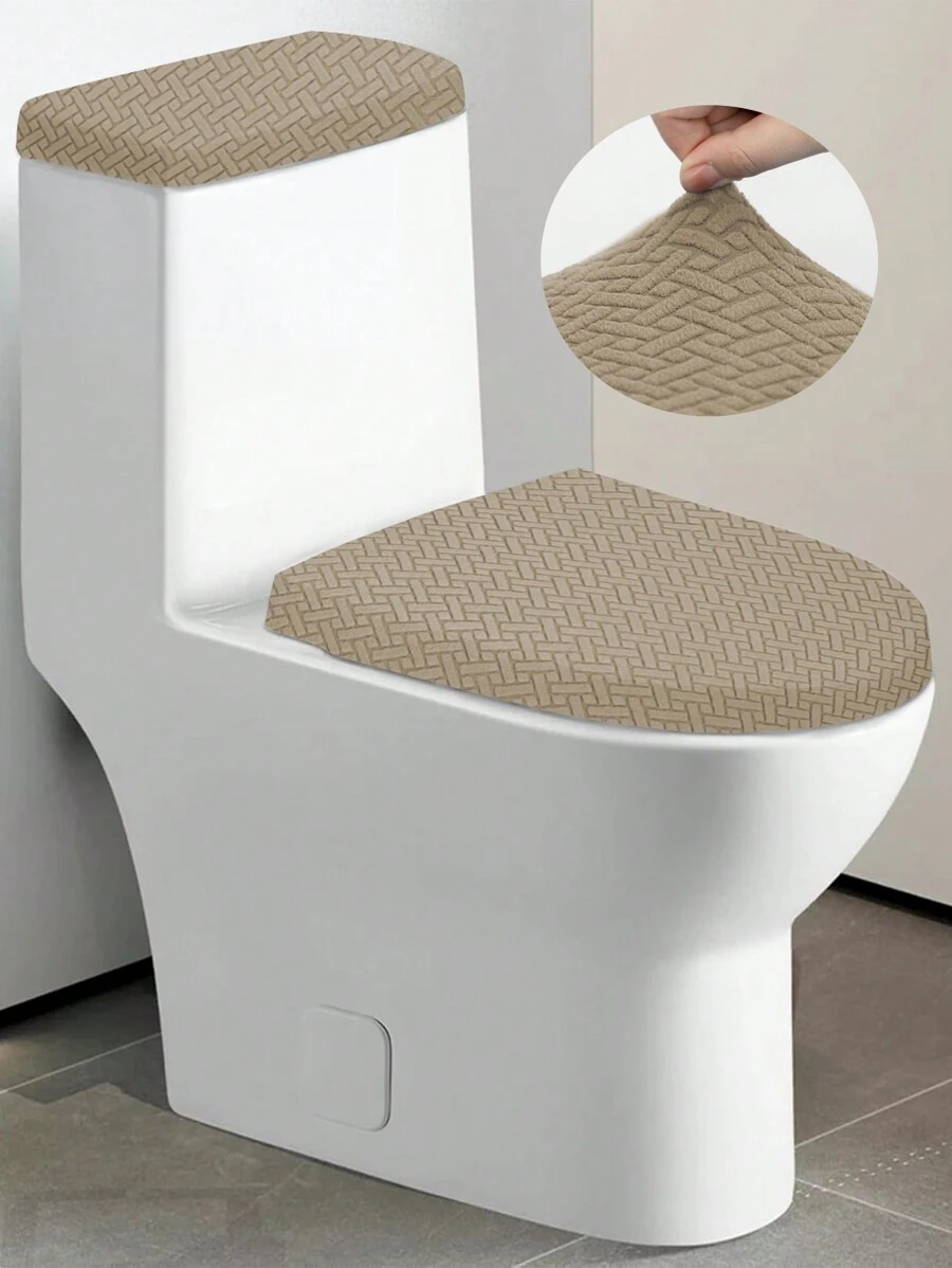 1 Set Solid Color Jacquard Knitted Toilet Seat Lid Cover And Toilet Tank Cover, Stretch Fit Toilet Seat Covers, Bathroom Decor, Fits Most Toilet Tank And Seat Sizes Summer - Khaki - View 1