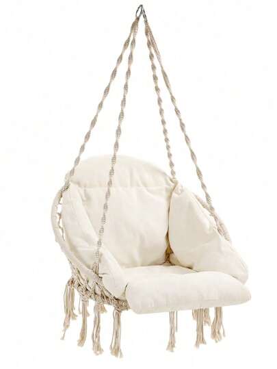  SONGMICS Hamaca Silla, Silla Colgante, Hamaca Colgante con Cojín Grande y Grueso, Boho para Dormitorio, Patio, Balcón, Jardín, Sala de Estar, Soporta hasta 120 kg a, Blanco Nube