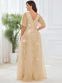 Váy dạ hội tay cánh bướm sang trọng cỡ lớn, đính sequin, dự tiệc cưới, tốt nghiệp, tiệc tối - Vàng - Xem 3