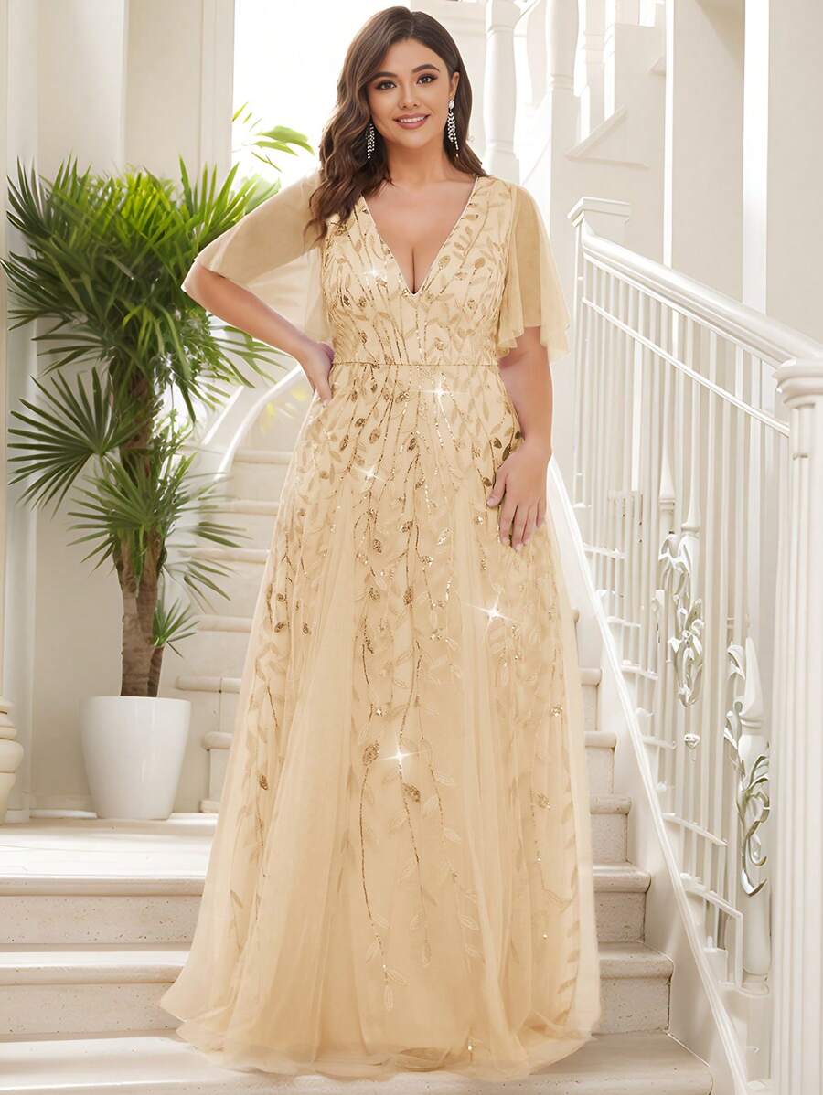 Váy dạ hội tay cánh bướm sang trọng cỡ lớn, đính sequin, dự tiệc cưới, tốt nghiệp, tiệc tối