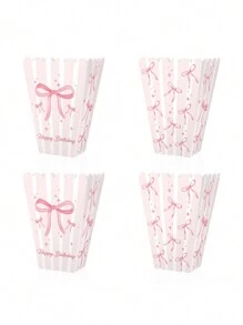 粉色蝴蝶结纸质爆米花盒，用于生日派对装饰，蝴蝶结零食盒，单身婚礼派对装饰，粉色蝴蝶结蛋糕粉碎照片道具 - 粉色 - 查看 3