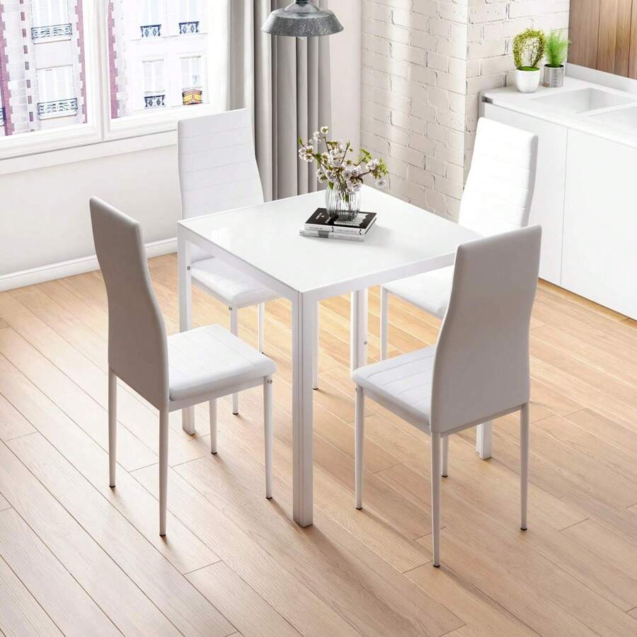 Glass Table And Chairs Set 4, 75cm Square Table With 4 Faux Leather High Back Chairs Modern Dining Room Sets For Home Kitchen Office
