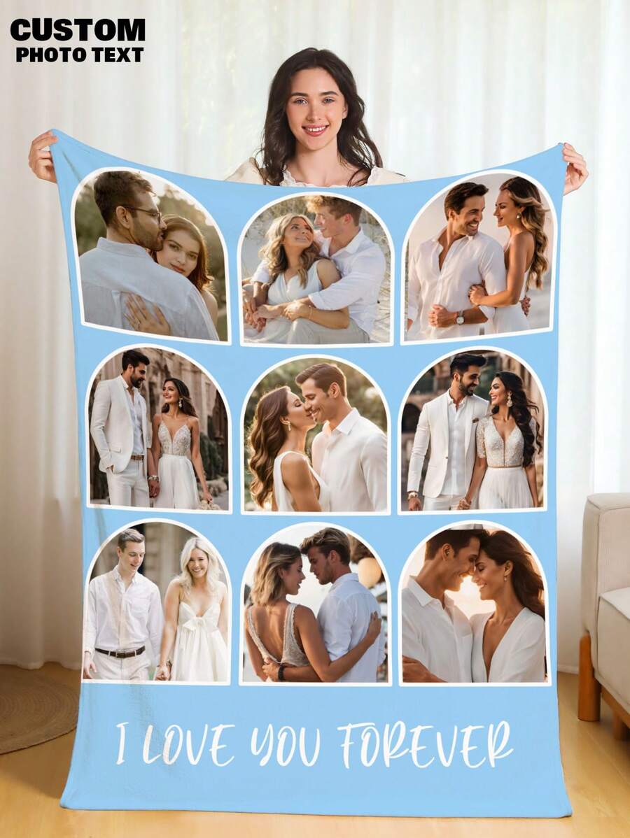 1pc Customized Photo & Name Fleece Blanket, Personalized Funny Blanket With Photo And Name, Best Friend Photo Blanket, Cozy Blanket, Family Face Gift, Wedding/Birthday/Mother's Day/Father's Day Gift For Mom/Dad/Friend - Style 1 - View 1