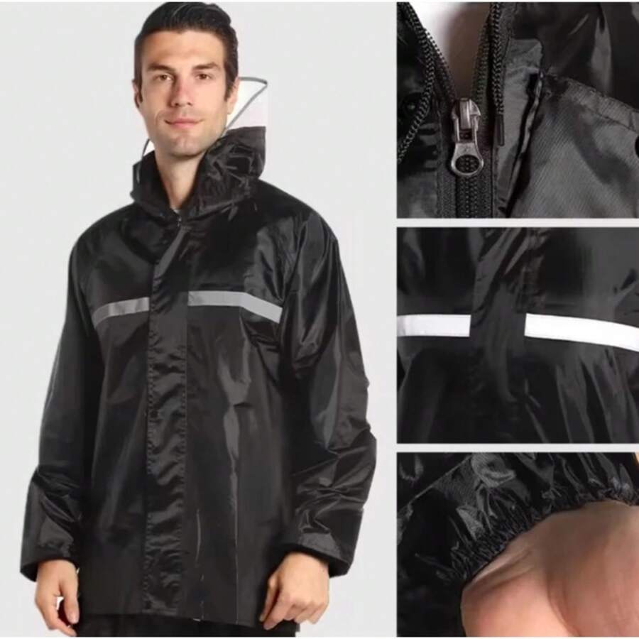 Motorcycle Raincoat Set Men Women Adult Reflective Strip Waterproof Hood 8576 - màu đen - Xem 1