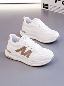 女士新款休闲白色运动鞋，百搭平底，适合跑步、健身、网球等运动 - 卡其色 - 查看 3