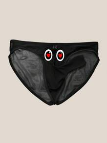 Herren schwarze sexy Mesh-Unterwäsche, halbtransparent mit süßem Herz-Augen-Druckmuster, atmungsaktiv und bequem als Alltagsunterwäsche Tangas