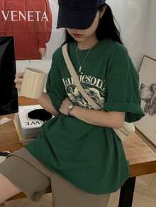 Women's Loose Casual Letter Print Short Sleeve T-Shirt, Summer - Green - View 5