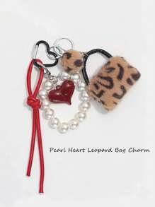 1 pieza Llavero/Accesorio de cuerda de bolso Charm de mujer con estampado de leopardo y perla y corazón, decoración de bolso, colgante de billetera con forma de corazón, llavero de bolso, accesorio de cuerda de bolso, llavero de coche, colgante de bolso femenino, regalo creativo