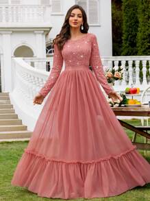 MIUSOL 优雅亮片花卉蕾丝撞色网纱荷叶边长袖正式礼服，适合婚礼宾客、毕业典礼、盛大晚宴及其他正式场合。