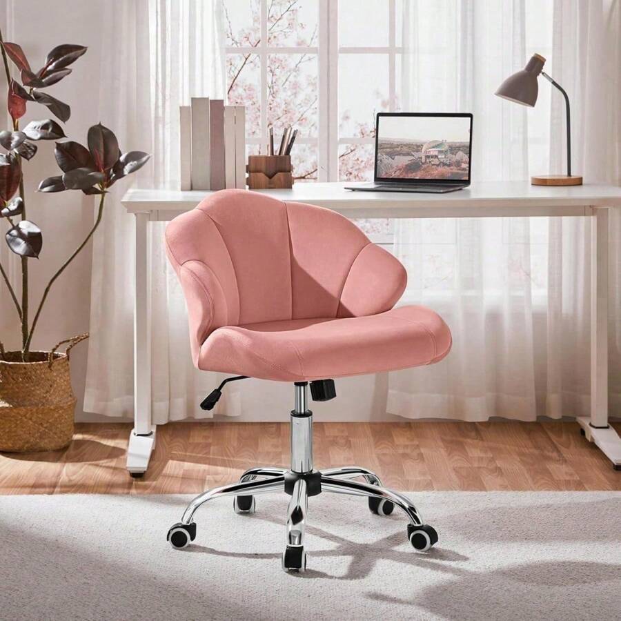 Velvet Vanity Chair With Wheels, Adjustable Home Office Chair With Shell-Shaped Back Swivel Chairs Desk Chair For Bedroom Makeup, Pink